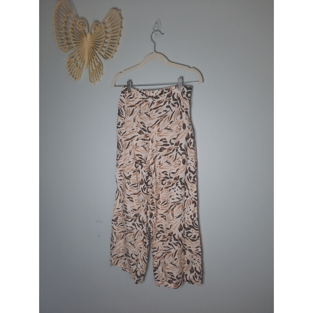 Tahari 100% Linen Wide Leg Pants Tan Brown Abstract Animal Print Womens XS